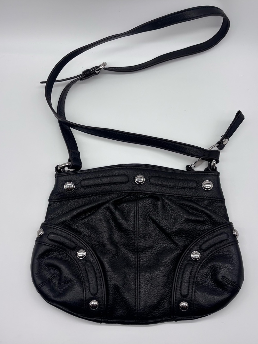 Vintage B. Makowsky Black Pebbled Leather Crossbody Bag Moto Style Y2K